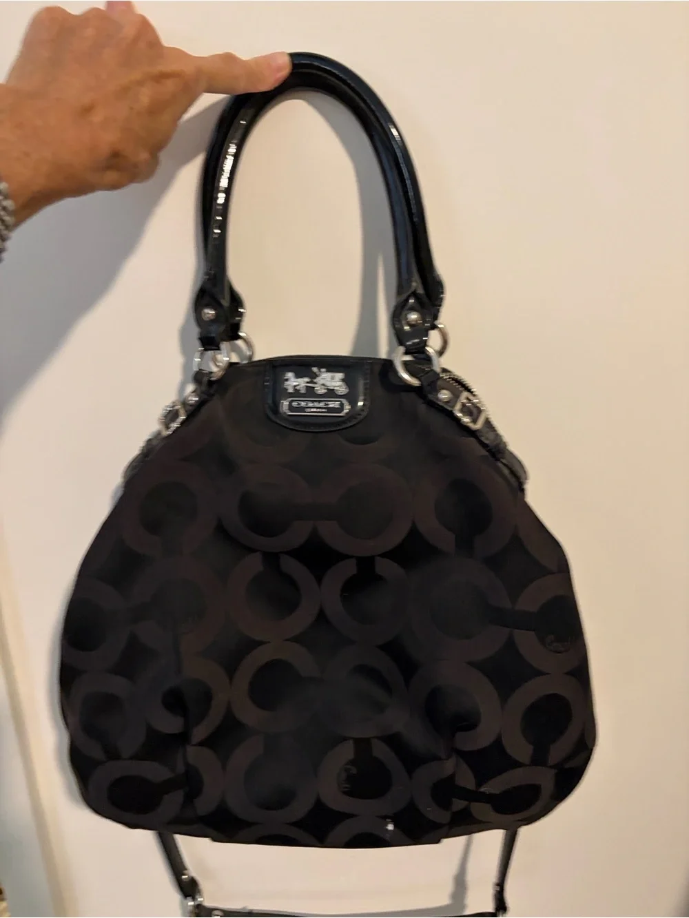 Coach Black and Charcoal Signature Satchel with Leather Trim.